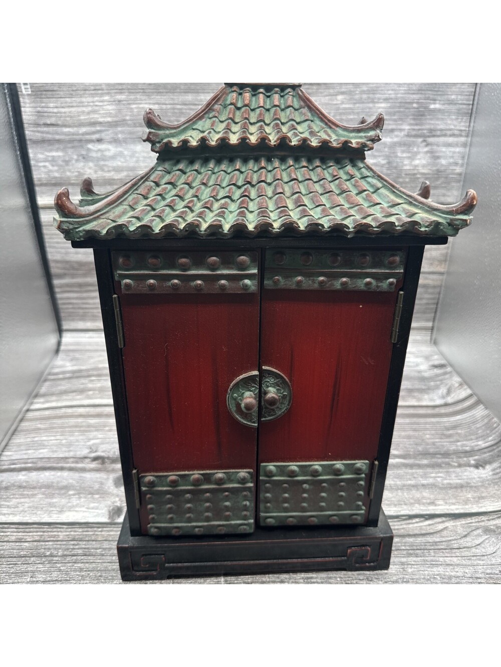 Vintage Asian Jewelry Box Wooden Green Red Black Ornate Necklace Holder Boho